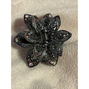 Flower Pin Brooch Claw Clip Silver W/Crystals Rhinestones Enamel Purple set of 2